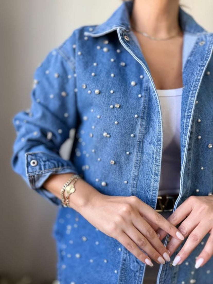 İnci ve Taş detaylı Denim Ceket