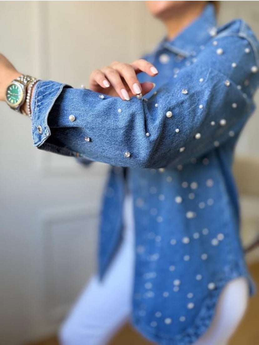İnci ve Taş detaylı Denim Ceket