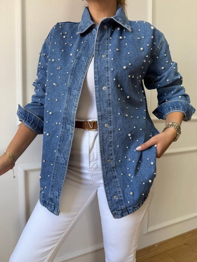 İnci ve Taş detaylı Denim Ceket