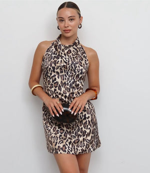 Leopar saten elbise