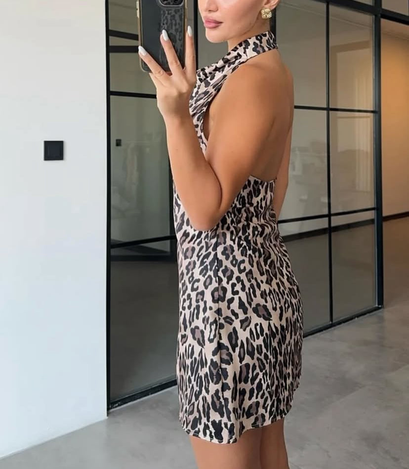 Leopar saten elbise