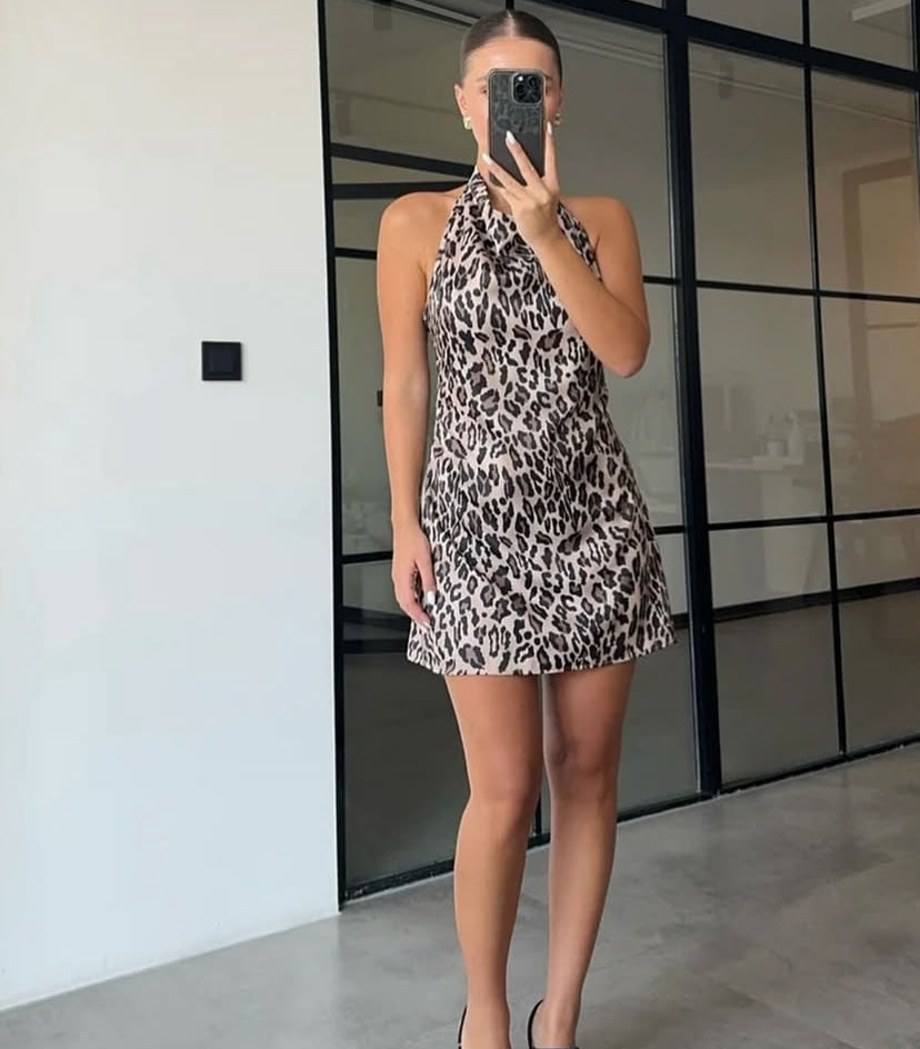 Leopar saten elbise