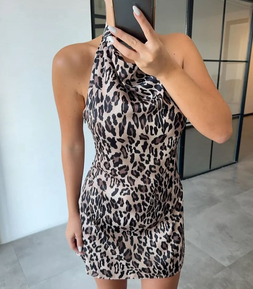 Leopar saten elbise